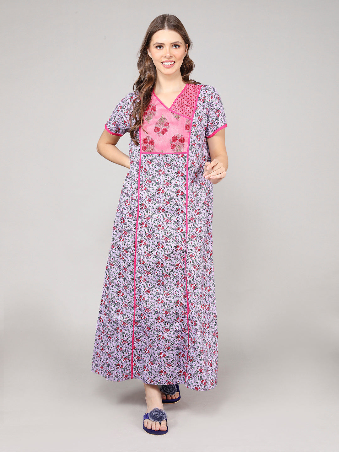 Printed Short Sleeves Full Length Night Wear Gown