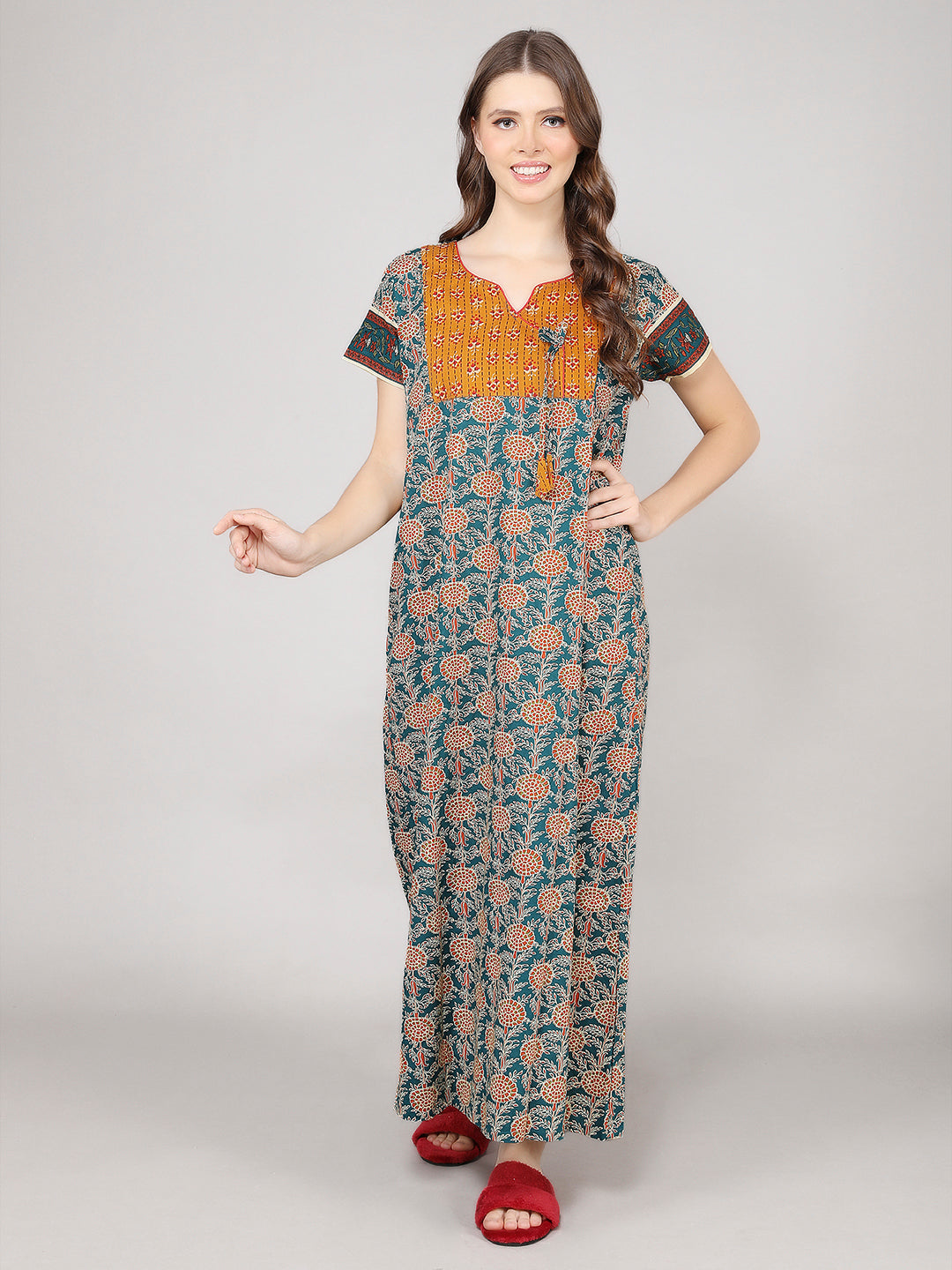 Printed Short Sleeves Full Length Night Wear Gown