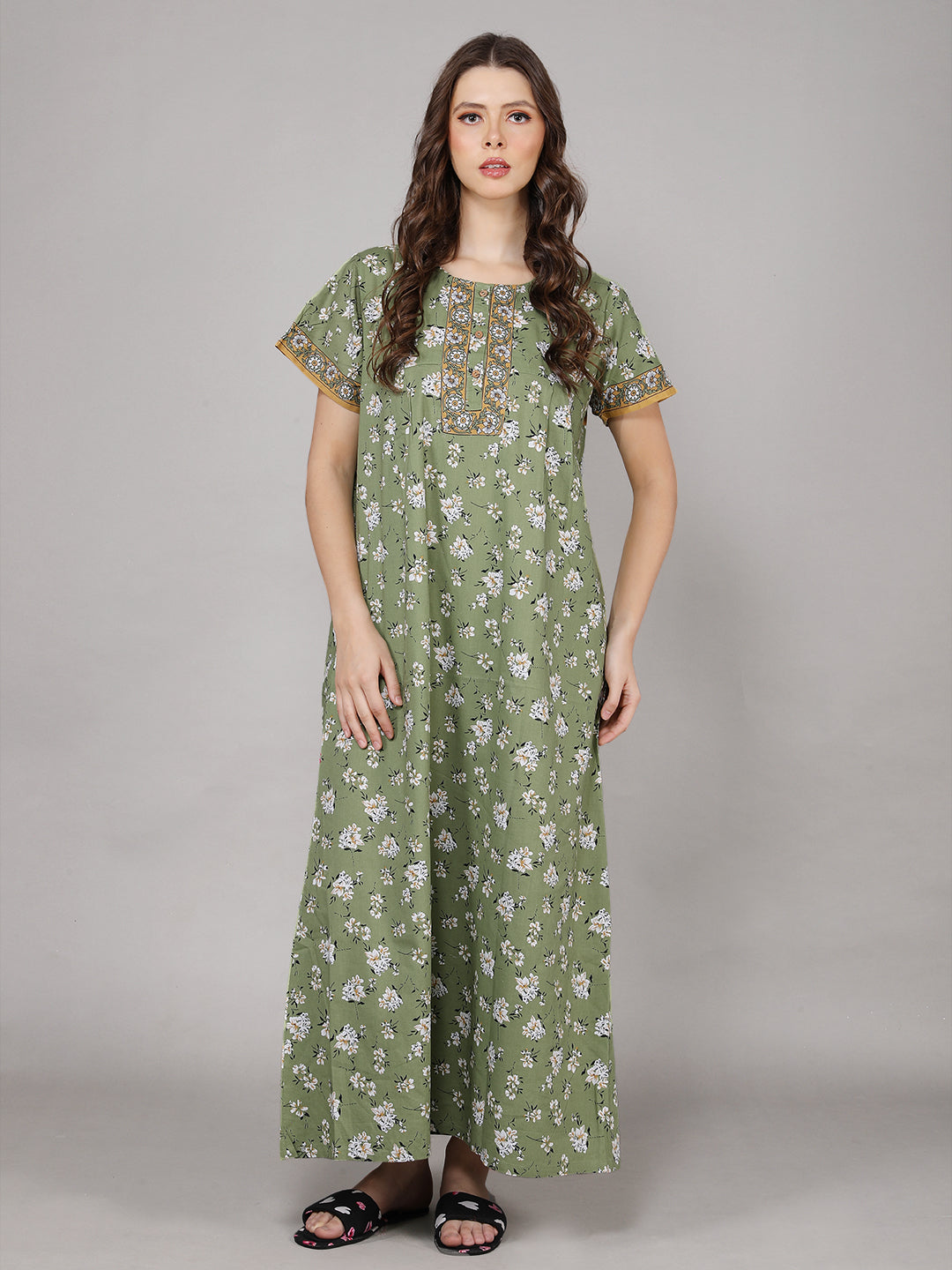 Printed Short Sleeves Full Length Night Wear Gown