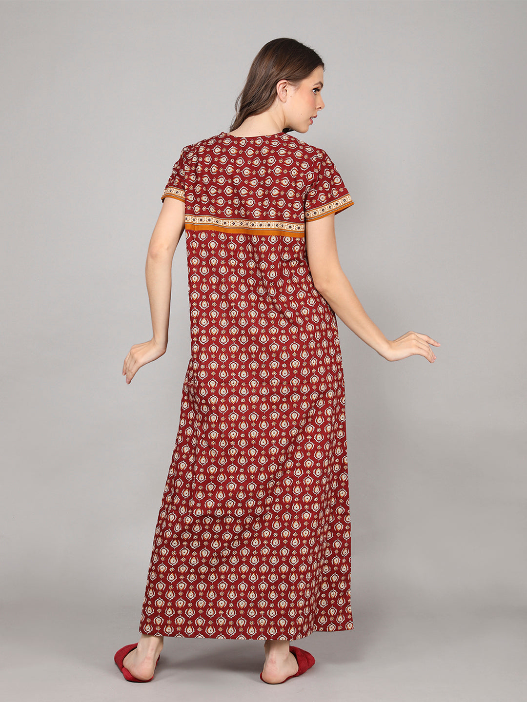 Printed Short Sleeves Full Length Night Wear Gown