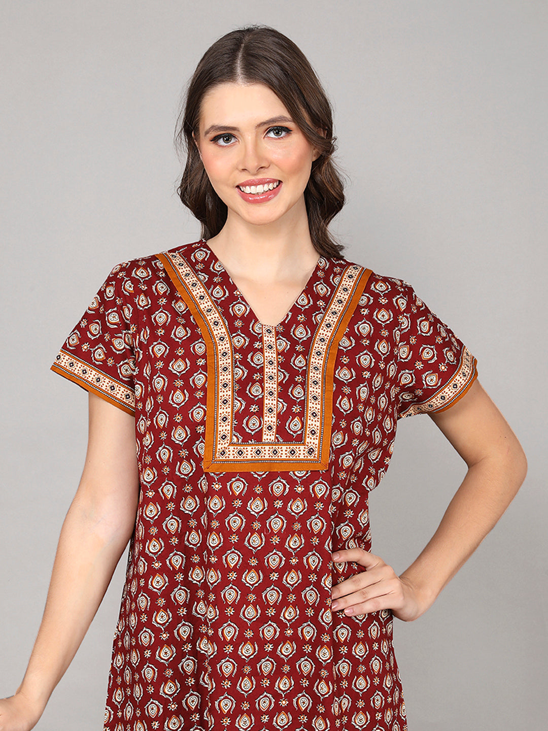 Printed Short Sleeves Full Length Night Wear Gown