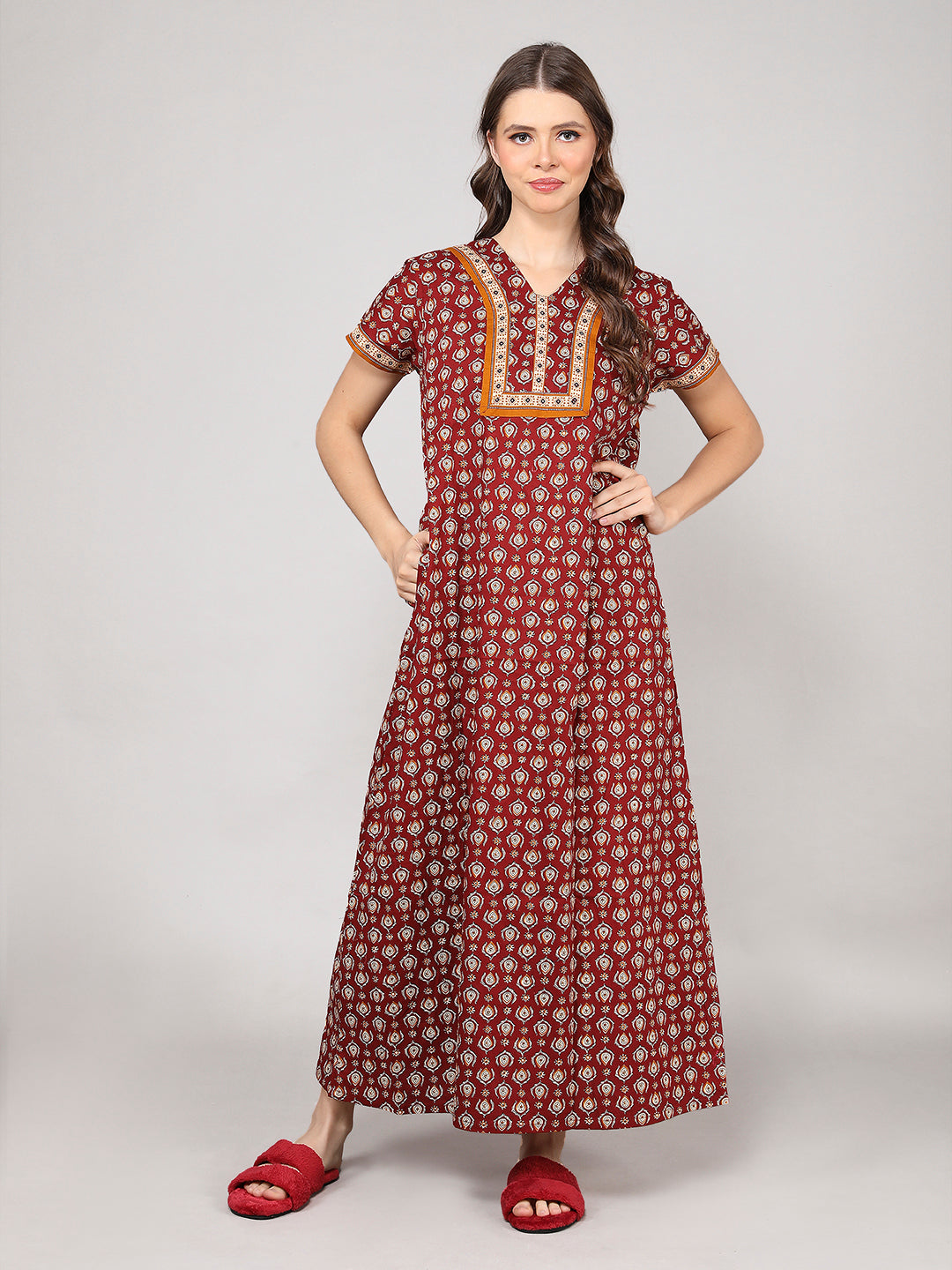 Printed Short Sleeves Full Length Night Wear Gown