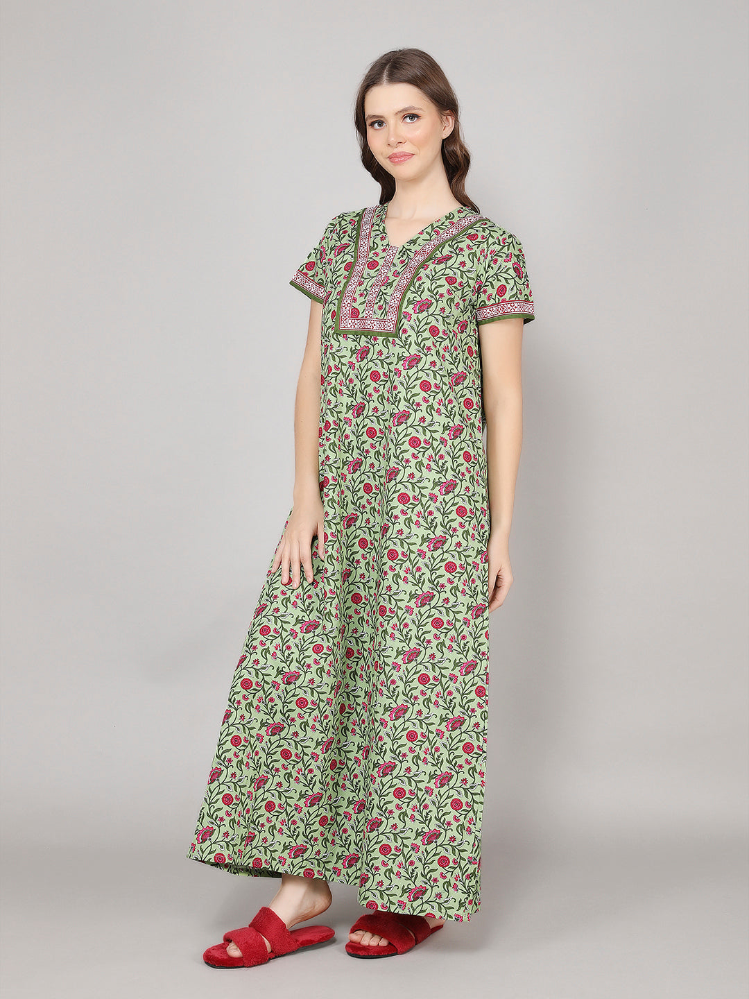 Printed Short Sleeves Full Length Night Wear Gown