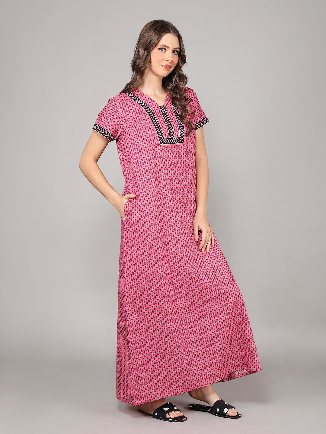 Printed Short Sleeves Full Length Night Wear Gown