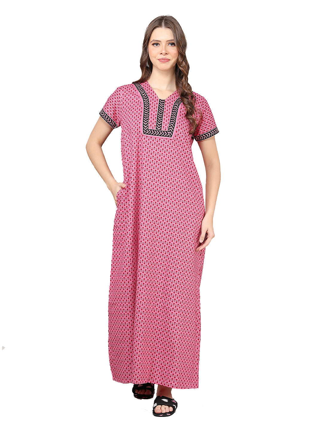 Printed Short Sleeves Full Length Night Wear Gown