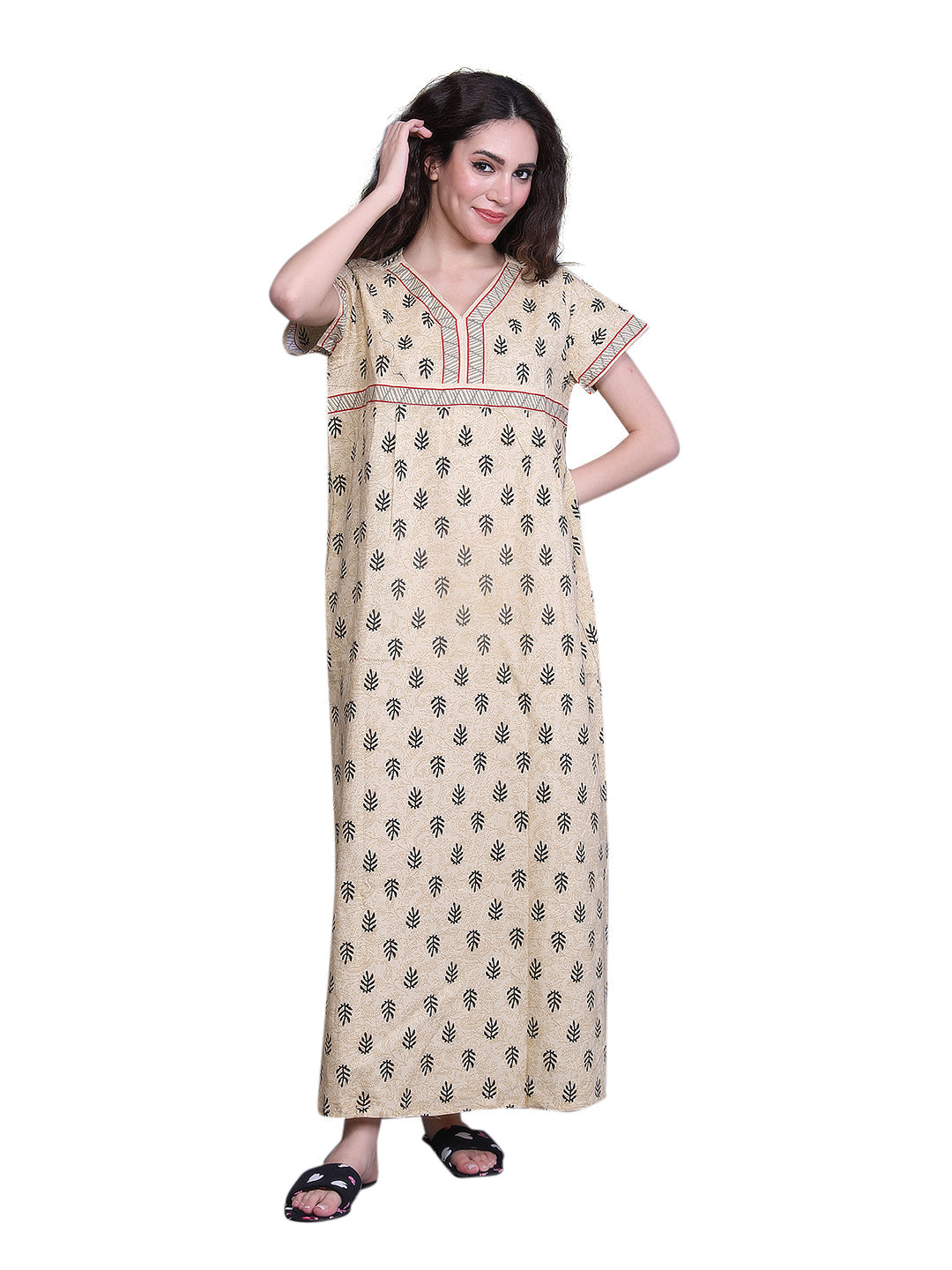 Printed Short Sleeves Full Length Night Wear Gown