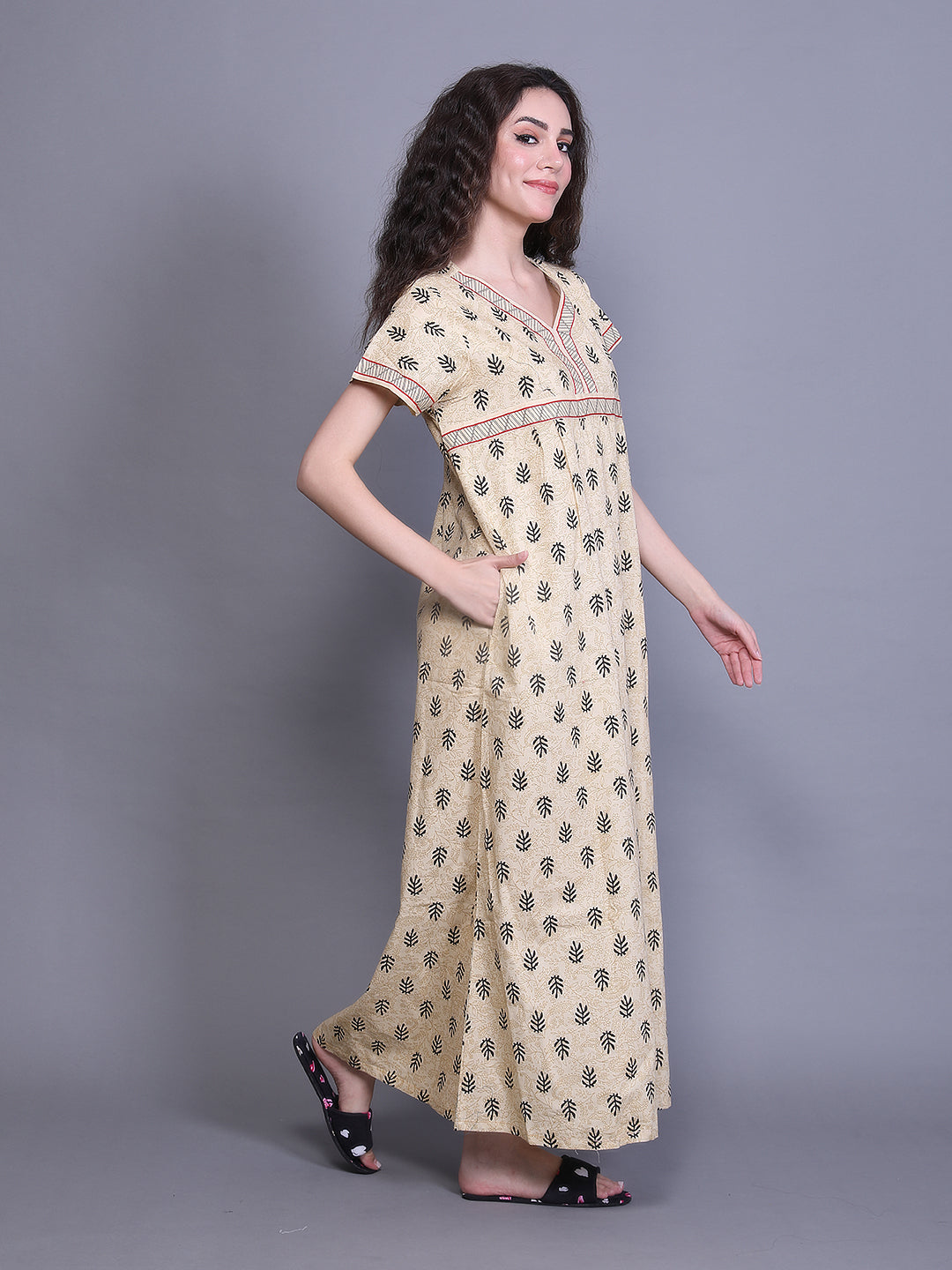 Printed Short Sleeves Full Length Night Wear Gown