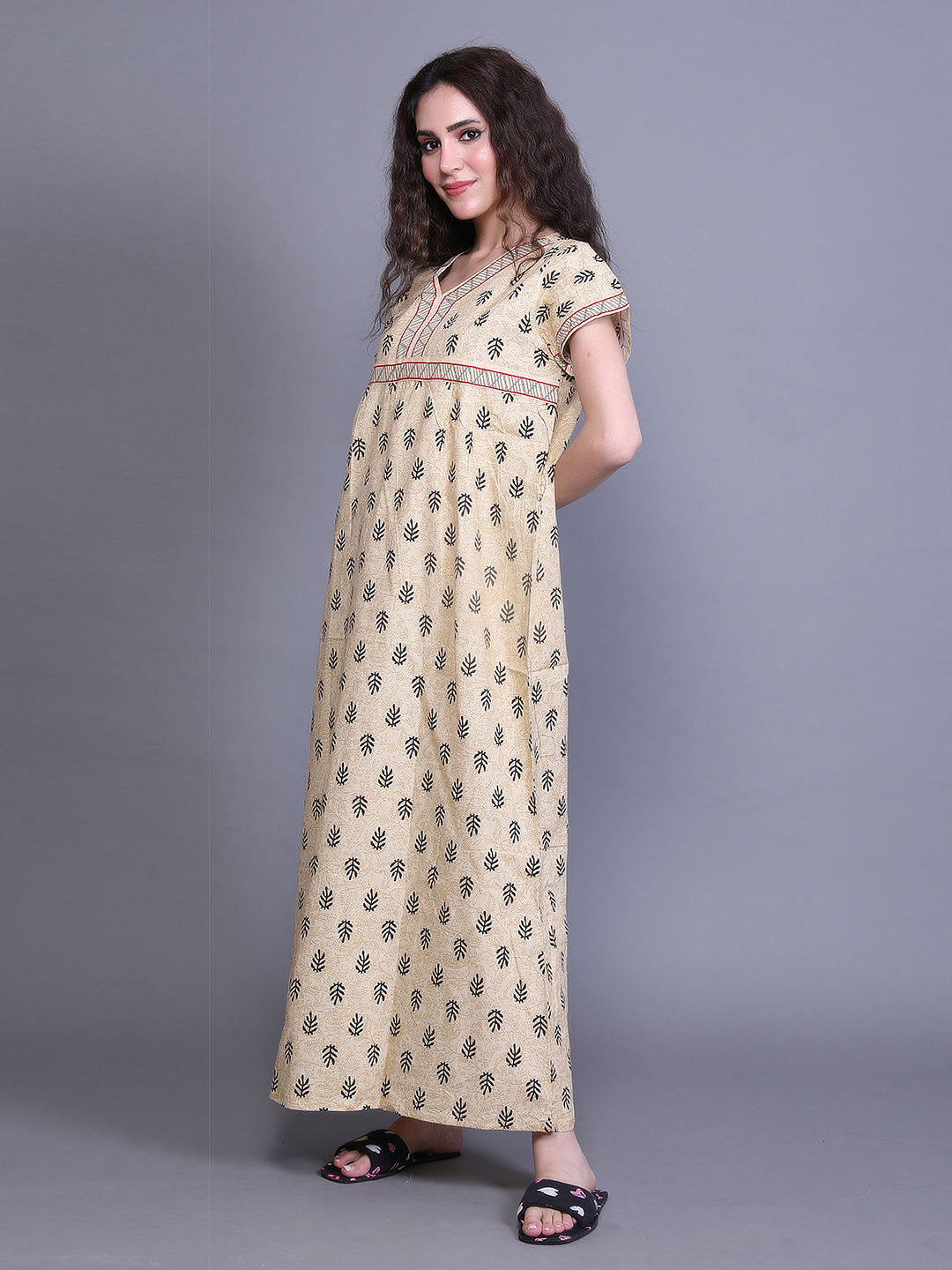 Printed Short Sleeves Full Length Night Wear Gown