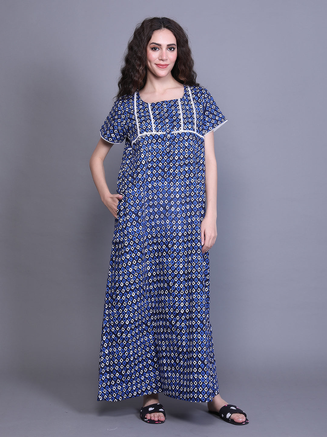 Printed Short Sleeves Full Length Night Wear Gown