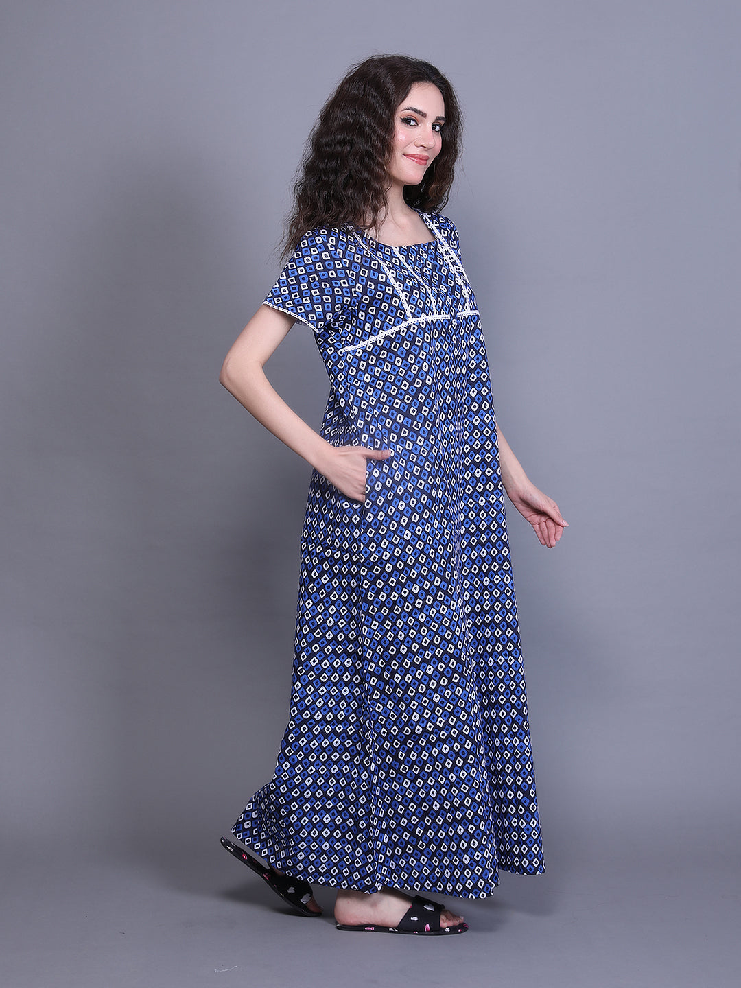 Printed Short Sleeves Full Length Night Wear Gown