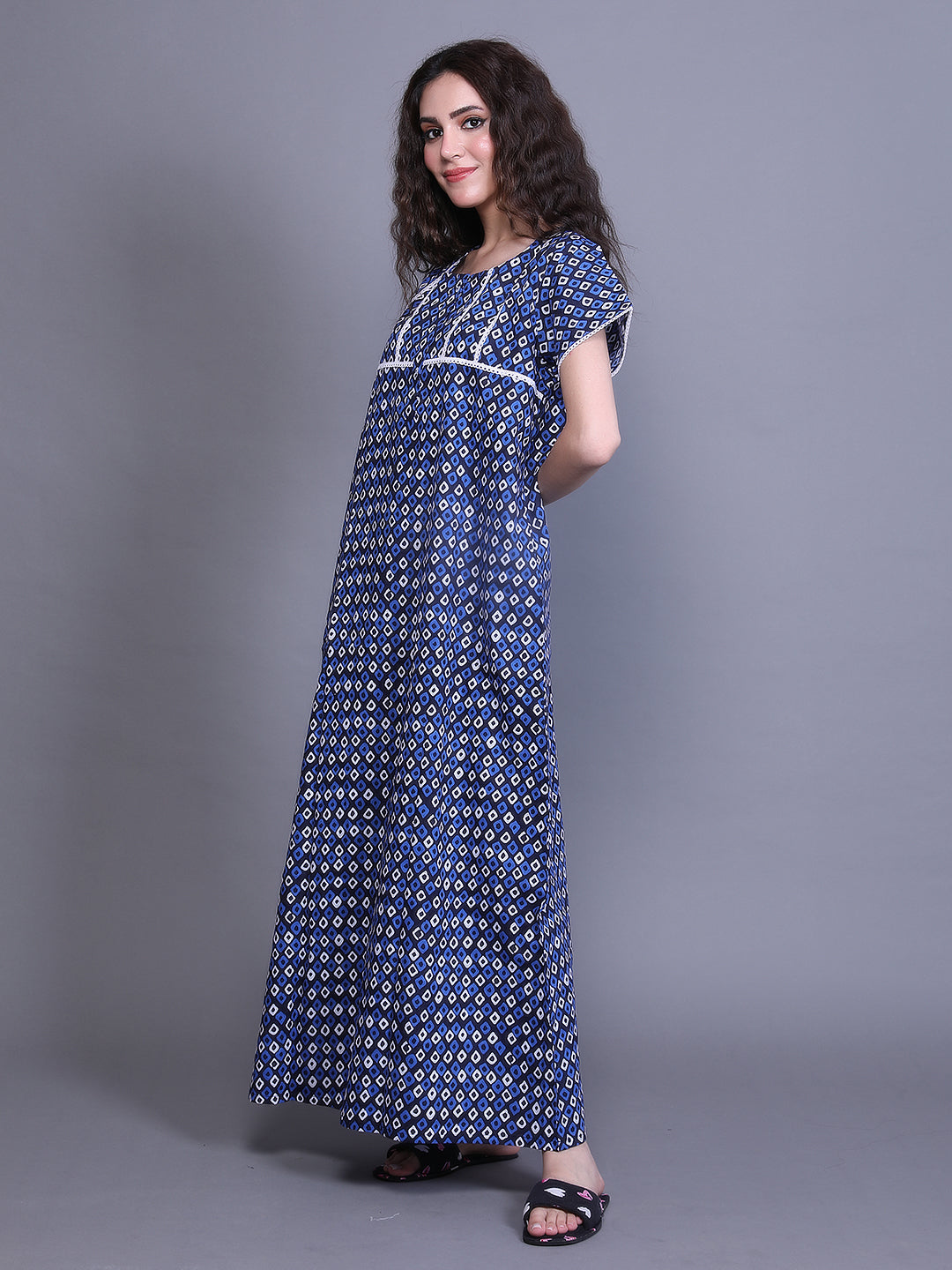 Printed Short Sleeves Full Length Night Wear Gown