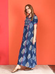 🌸 Evolove Cotton Nighty Maxi for Women Printed Short Sleeves | Full-Length | Side Pocket