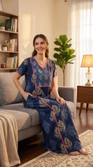 Evolove Cotton Nighty Maxi for Women | Printed Short Sleeves | Full-Length | Side Pocket
