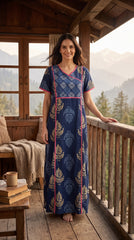 Evolove Cotton Nighty Maxi for Women | Printed Short Sleeves | Full-Length | Side Pocket