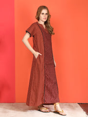 🌸 Evolove Cotton Nighty Maxi for Women Printed Short Sleeves | Full-Length | Side Pocket