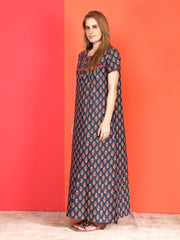 🌸 Evolove Cotton Nighty Maxi for Women Printed Short Sleeves | Full-Length | Side Pocket
