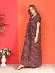 🌸 Evolove Cotton Nighty Maxi for Women Printed Short Sleeves | Full-Length | Side Pocket