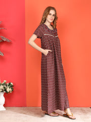 🌸 Evolove Cotton Nighty Maxi for Women Printed Short Sleeves | Full-Length | Side Pocket