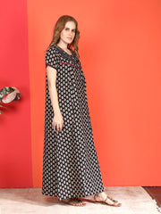 🌸 Evolove Cotton Nighty Maxi for Women Printed Short Sleeves | Full-Length | Side Pocket