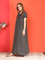 🌸 Evolove Cotton Nighty Maxi for Women Printed Short Sleeves | Full-Length | Side Pocket
