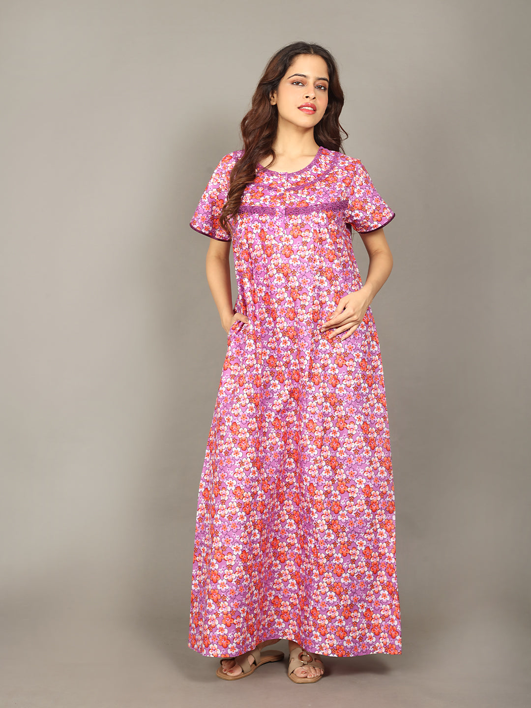 🌸 Evolove Cotton Nighty Maxi for Women Printed Short Sleeves | Full-Length | Side Pocket