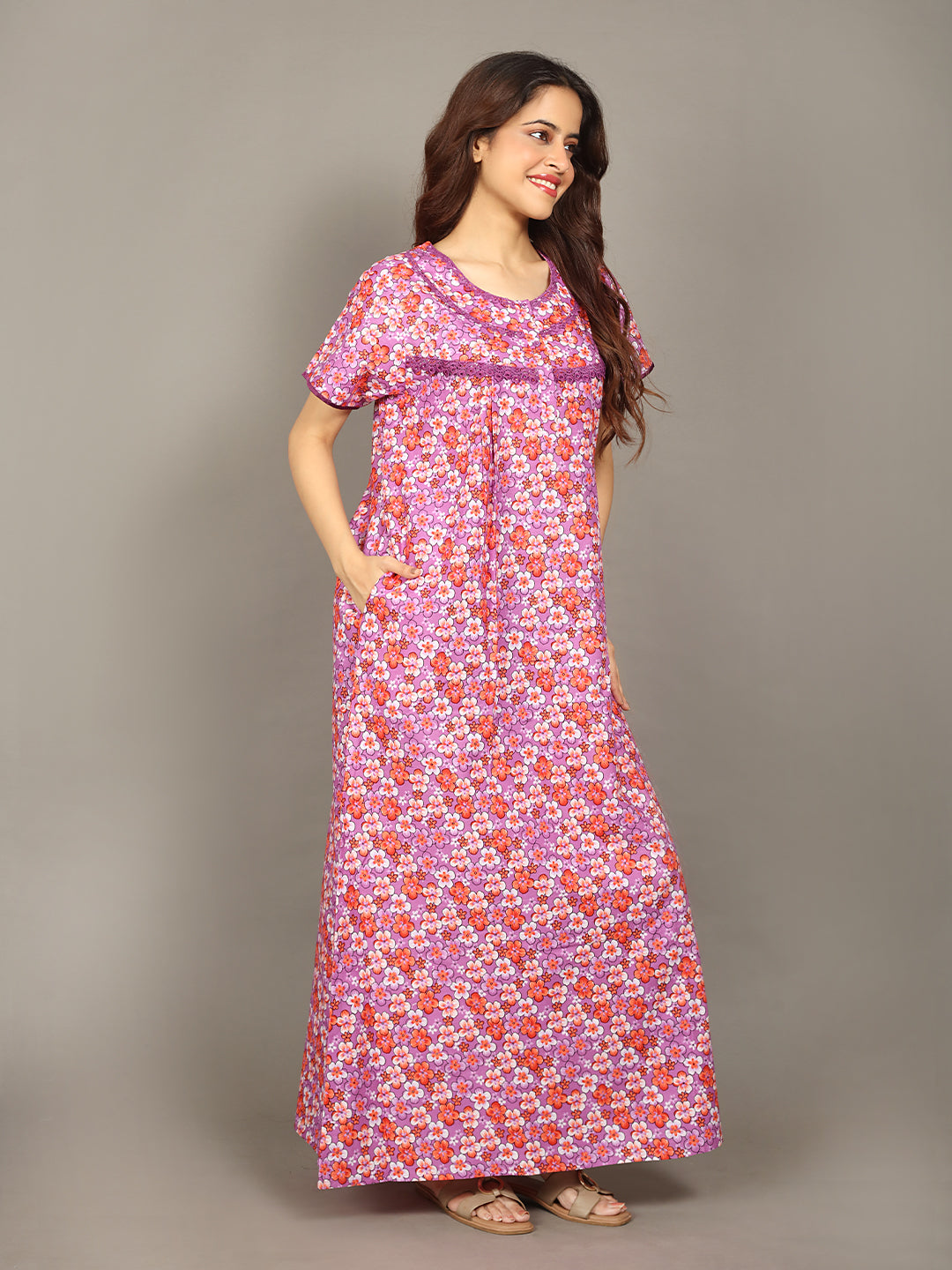 🌸 Evolove Cotton Nighty Maxi for Women Printed Short Sleeves | Full-Length | Side Pocket