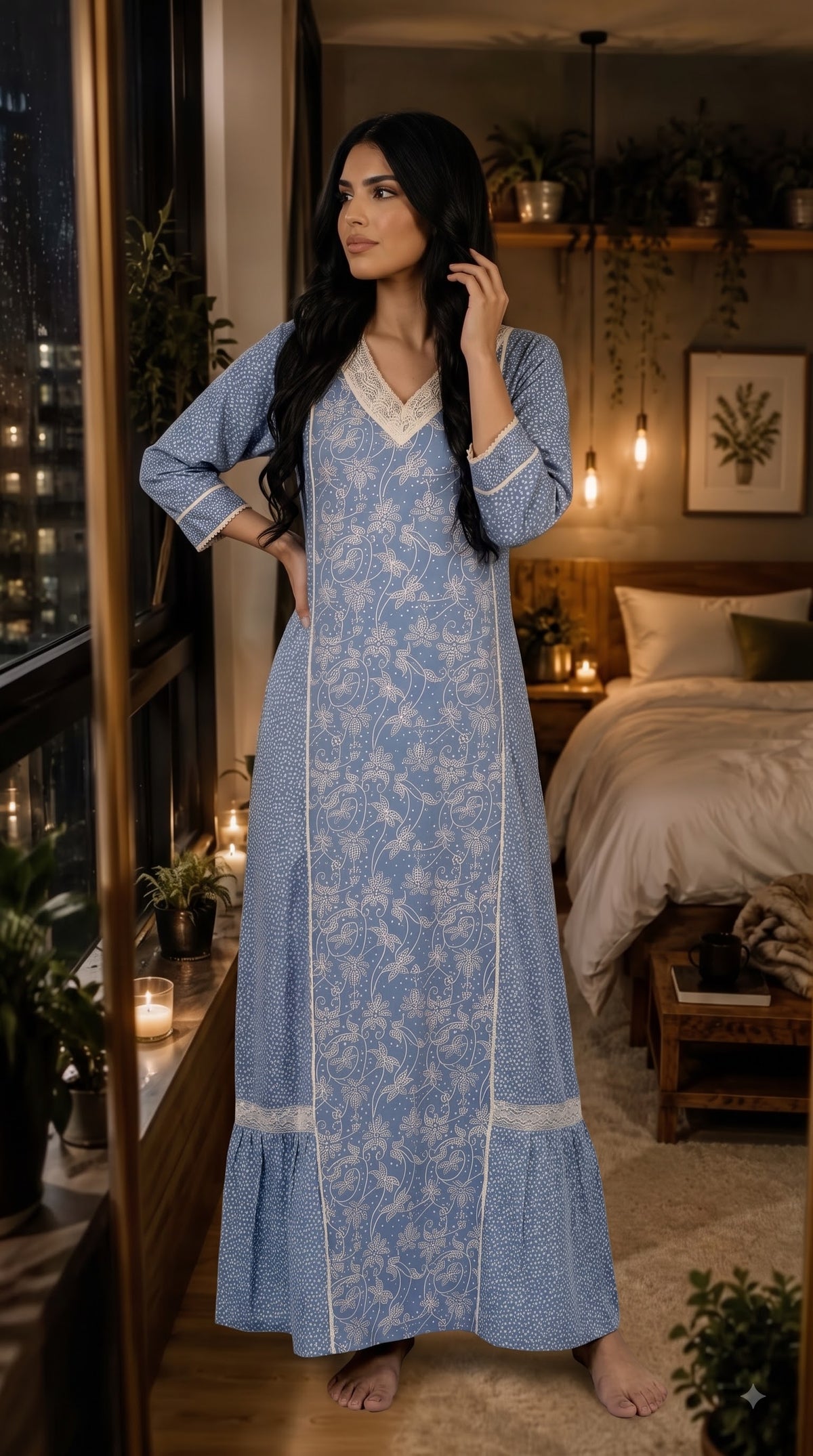 Evolove x Farasha Butterfly Cotton Maxi Nightdress for Women | Flared Long Nightgown with 3/4 Sleeves | Soft & Comfortable Cotton Nightwear ( LNGCO3550SB )