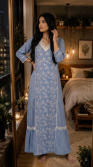 Evolove x Farasha Butterfly Cotton Maxi Nightdress for Women | Flared Long Nightgown with 3/4 Sleeves | Soft & Comfortable Cotton Nightwear ( LNGCO3550SB )