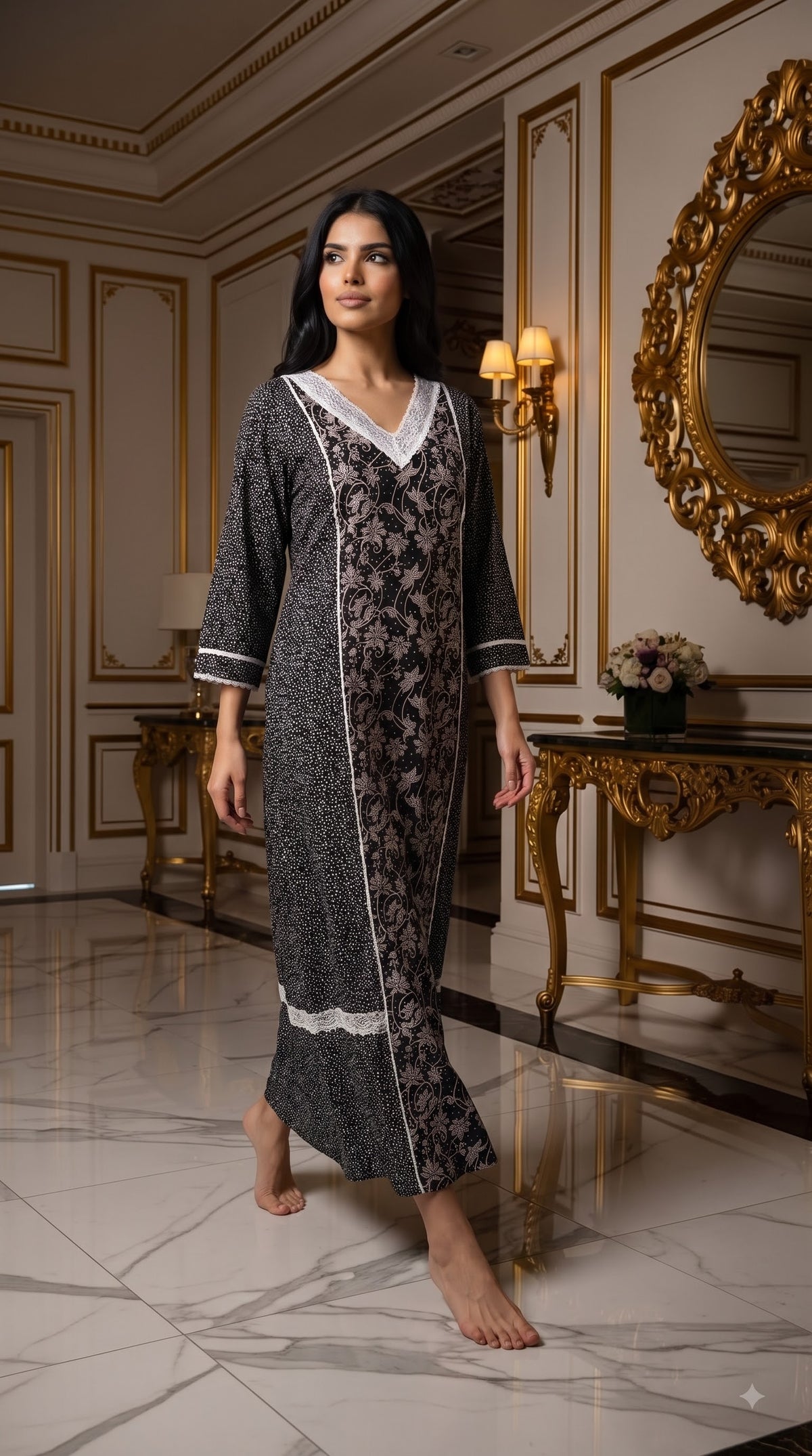 Evolove x Farasha Butterfly Cotton Maxi Nightdress for Women | Flared Long Nightgown with 3/4 Sleeves | Soft & Comfortable Cotton Nightwear ( LNGCO3551BK )
