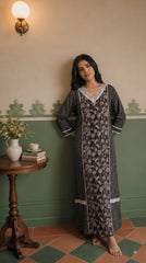 Evolove x Farasha Butterfly Cotton Maxi Nightdress for Women | Flared Long Nightgown with 3/4 Sleeves | Soft & Comfortable Cotton Nightwear ( LNGCO3551BK )