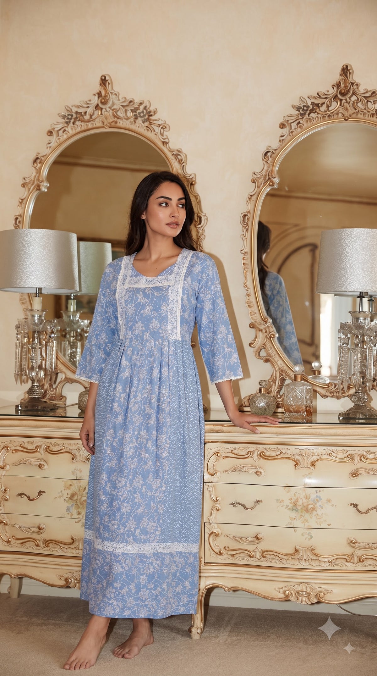Evolove x Farasha Butterfly Cotton Maxi Nightdress for Women | Flared Long Nightgown with 3/4 Sleeves | Soft & Comfortable Cotton Nightwear ( LNGCO3552LB )