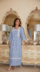 Evolove x Farasha Butterfly Cotton Maxi Nightdress for Women | Flared Long Nightgown with 3/4 Sleeves | Soft & Comfortable Cotton Nightwear ( LNGCO3552LB )