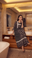 Evolove x Farasha Butterfly Cotton Maxi Nightdress for Women | Flared Long Nightgown with 3/4 Sleeves | Soft & Comfortable Cotton Nightwear ( LNGCO3553ZB )
