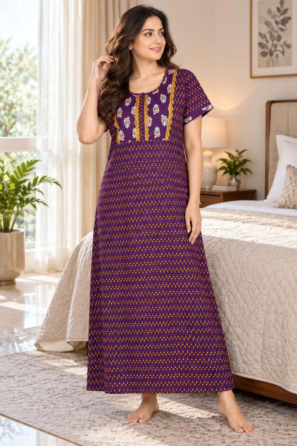 Evolove x Baghban 100% Pure Cotton For Comfort | Traditional Motif Print Soft & Comfortable Nightgown for Women | Cotton Maxi Nighty & Sleepwear (LNGCO3564LR)