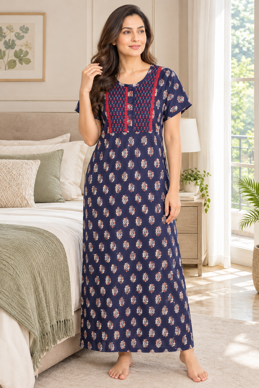 Evolove x Baghban 100% Pure Cotton For Comfort | Floral Print Soft & Comfortable Maxi Nighty for Women | Traditional Nightgown & Sleepwear (LNGCO3565BK)