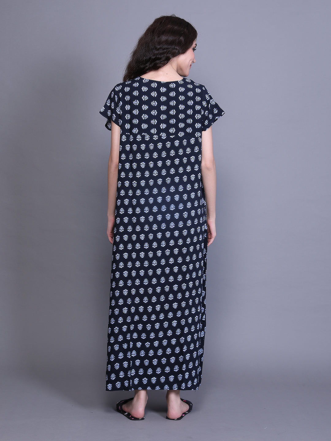 Printed Short Sleeves Full Length Night Wear Gown