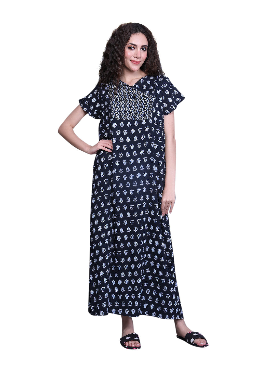 Printed Short Sleeves Full Length Night Wear Gown