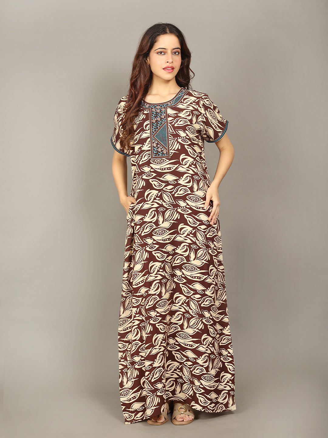 Premium 100%  Rayon Embroidered Long Nightgown for Women – Soft Breathable Printed Nightdress