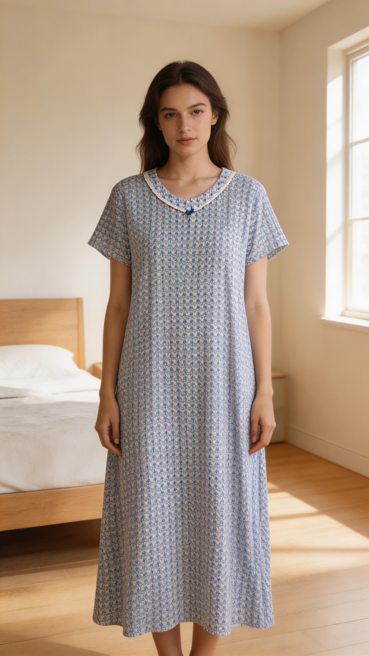 Evolove X Venus Women's Premium Soft Rayon Long Nightgown | Breathable Printed Maxi Nighty | Half Sleeve Comfortable Sleepwear & Loungewear (LNGRY3505BL )
