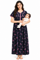 Evolove Women's Zero Polyester Maternity Feeding Nighty with Front Open Zipper | Feather-Soft Skin-Friendly Breathable Viscose Fabric (LNGRY3541BKM)