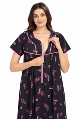 Evolove Women's Zero Polyester Maternity Feeding Nighty with Front Open Zipper | Feather-Soft Skin-Friendly Breathable Viscose Fabric (LNGRY3541BKM)