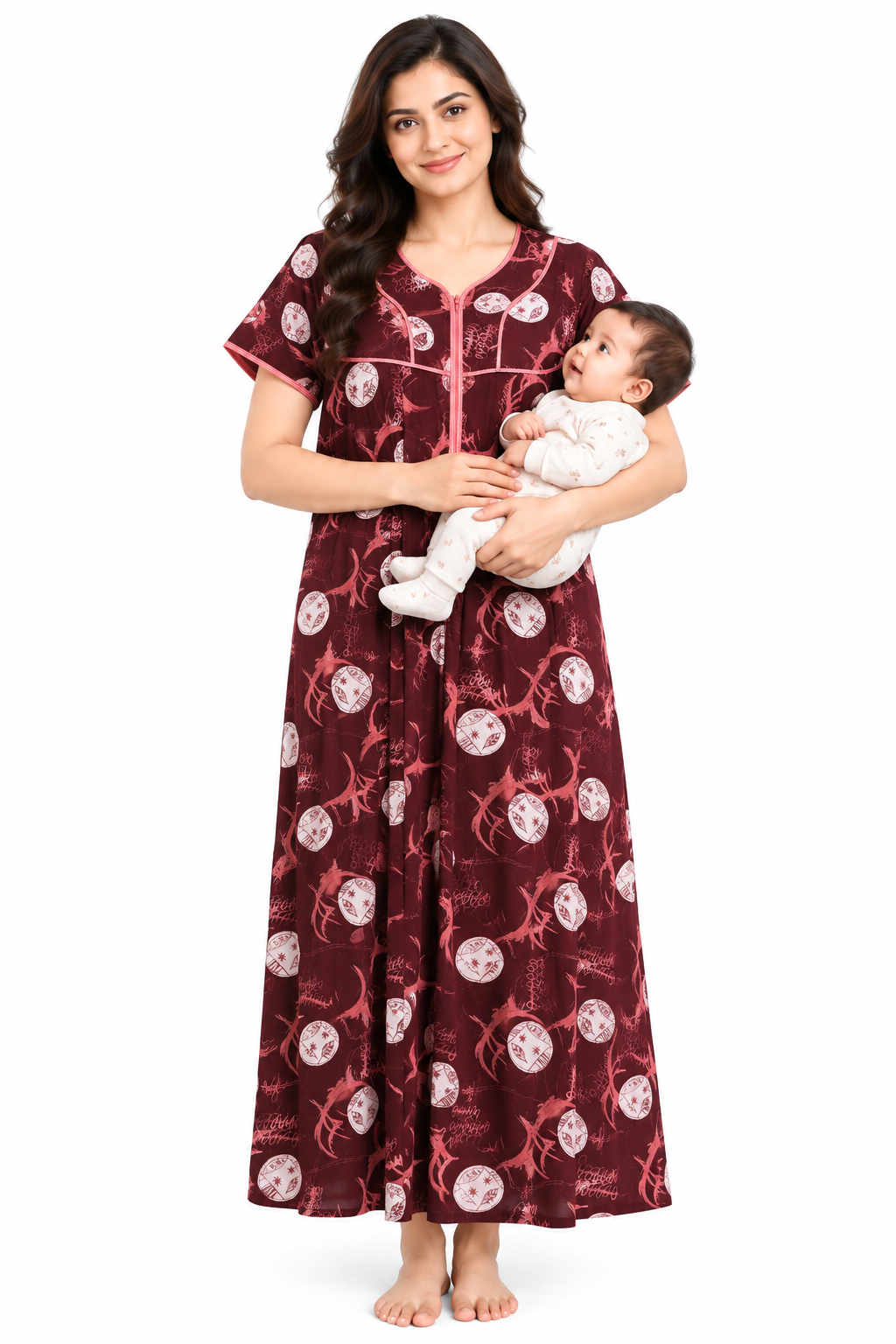 Evolove Women's Zero Polyester Maternity Feeding Nighty with Front Open Zipper | Feather-Soft Skin-Friendly Breathable Viscose Fabric (LNGRY3542DMM)