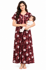 Evolove Women's Zero Polyester Maternity Feeding Nighty with Front Open Zipper | Feather-Soft Skin-Friendly Breathable Viscose Fabric (LNGRY3542DMM)
