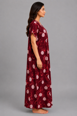Evolove Skin Friendly Printed Front Zip Nightgown | Dark Maroon (LNGRY3542DM)