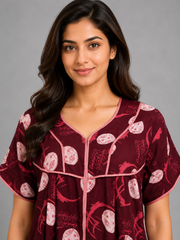 Evolove Skin Friendly Printed Front Zip Nightgown | Dark Maroon (LNGRY3542DM)