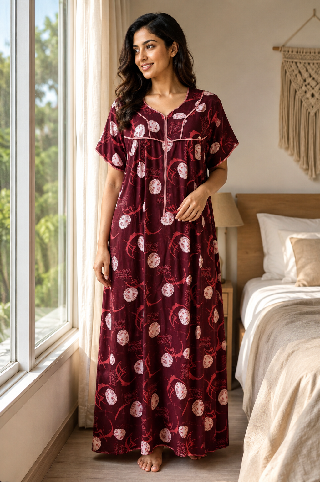 Evolove Skin Friendly Printed Front Zip Nightgown | Dark Maroon (LNGRY3542DM)