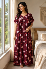Evolove Skin Friendly Printed Front Zip Nightgown | Dark Maroon (LNGRY3542DM)