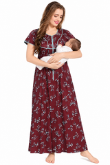 Evolove Women's Zero Polyester Maternity Feeding Nighty with Front Open Zipper | Feather-Soft Skin-Friendly Breathable Viscose Fabric (LNGRY3543CBM)