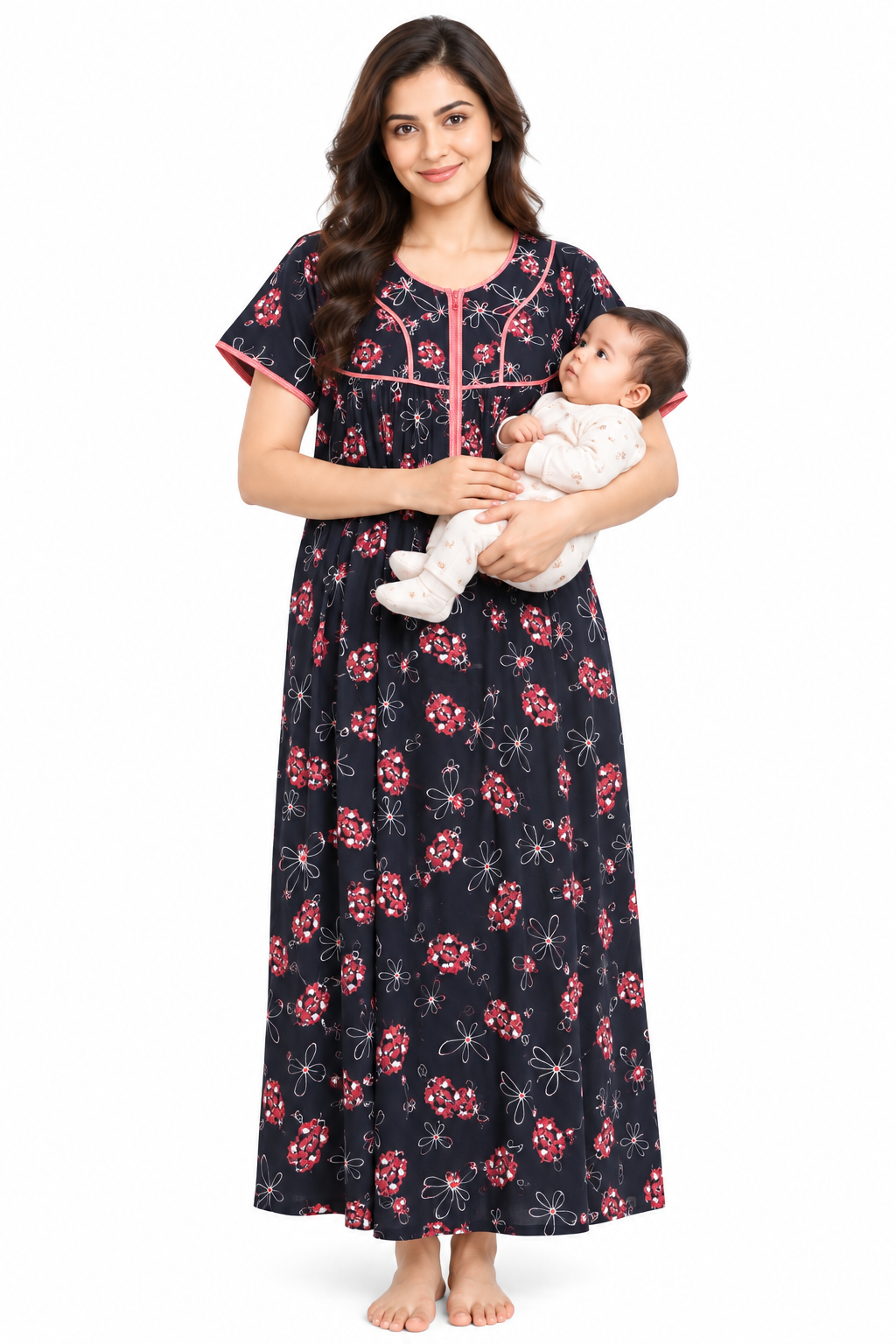 Evolove Women's Zero Polyester Maternity Feeding Nighty with Front Open Zipper | Feather-Soft Skin-Friendly Breathable Viscose Fabric (LNGRY3544CBM)