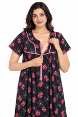 Evolove Women's Zero Polyester Maternity Feeding Nighty with Front Open Zipper | Feather-Soft Skin-Friendly Breathable Viscose Fabric (LNGRY3544CBM)